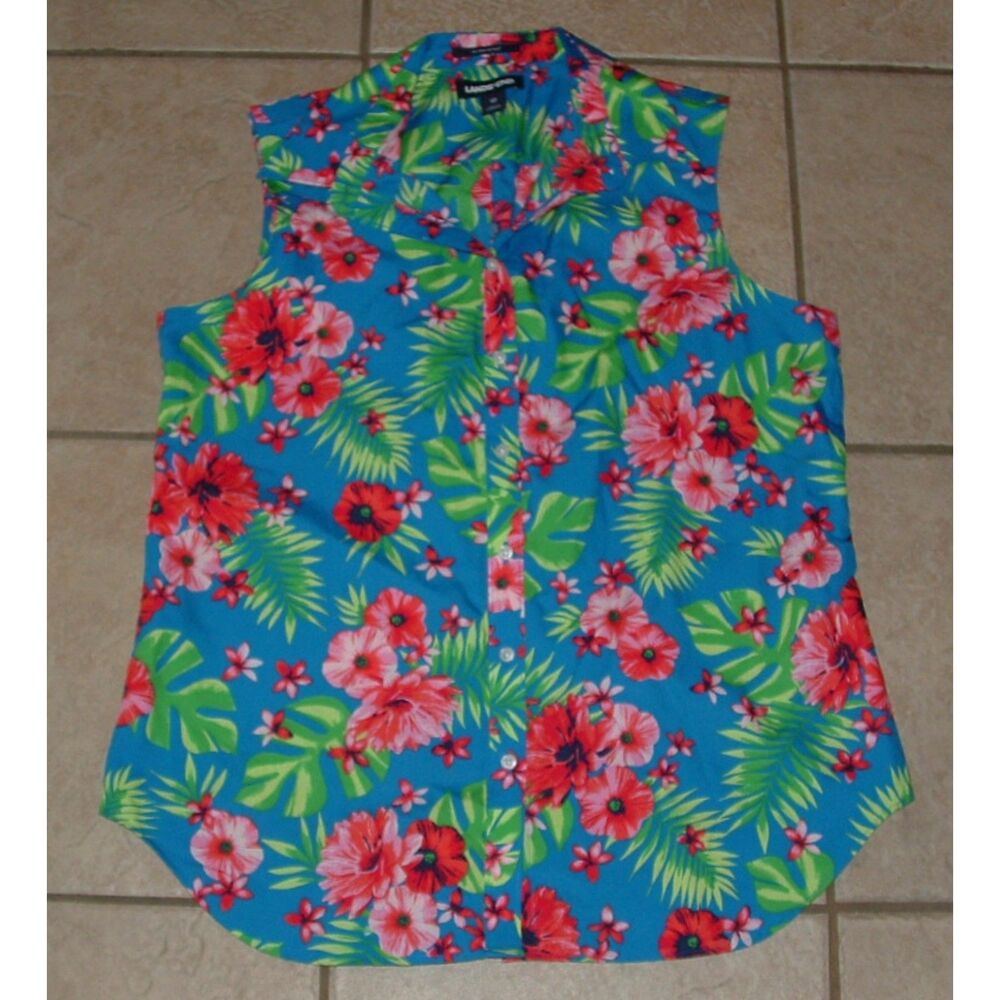LANDS END Tropical Floral Sz 12 No Iron Cotton Button Up Sleeveless Shirt NEW